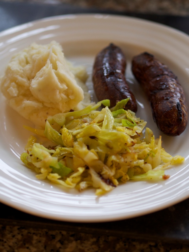 Bangers, mash and braised cabbage